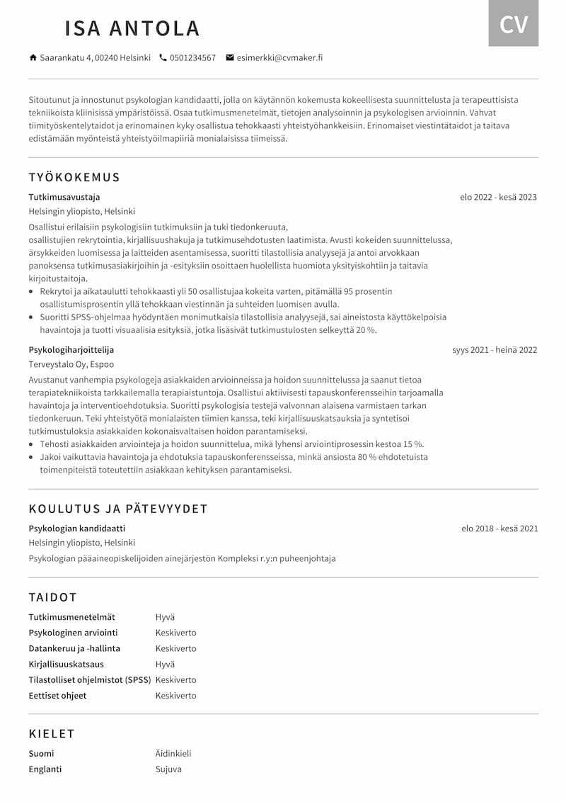 Psykologin CV-esimerkki