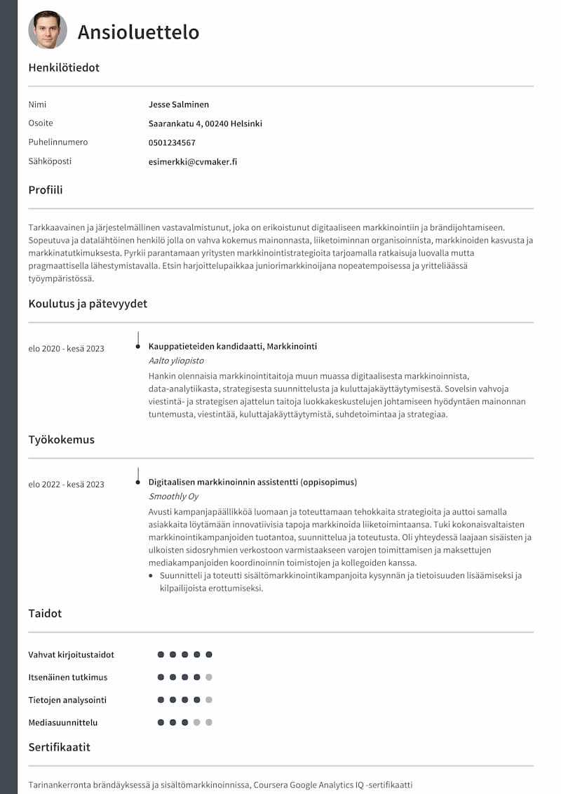 Vastavalmistuneen CV-esimerkki