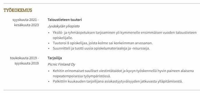 työkokemus cv esimerkki